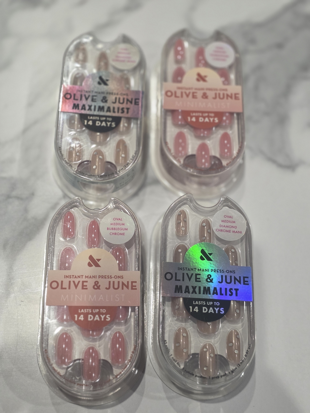 4 x Olive & June Minimalist Press On Nails, (2) Bubblegum/ (2) Diamond Chrome